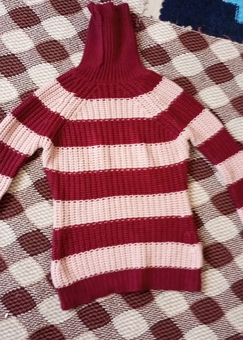 Bordo Çizgili Boğazlı Triko Kazak - Görsel 2