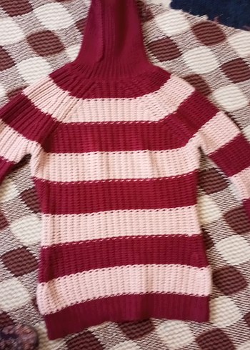 Bordo Çizgili Boğazlı Triko Kazak - Görsel 3