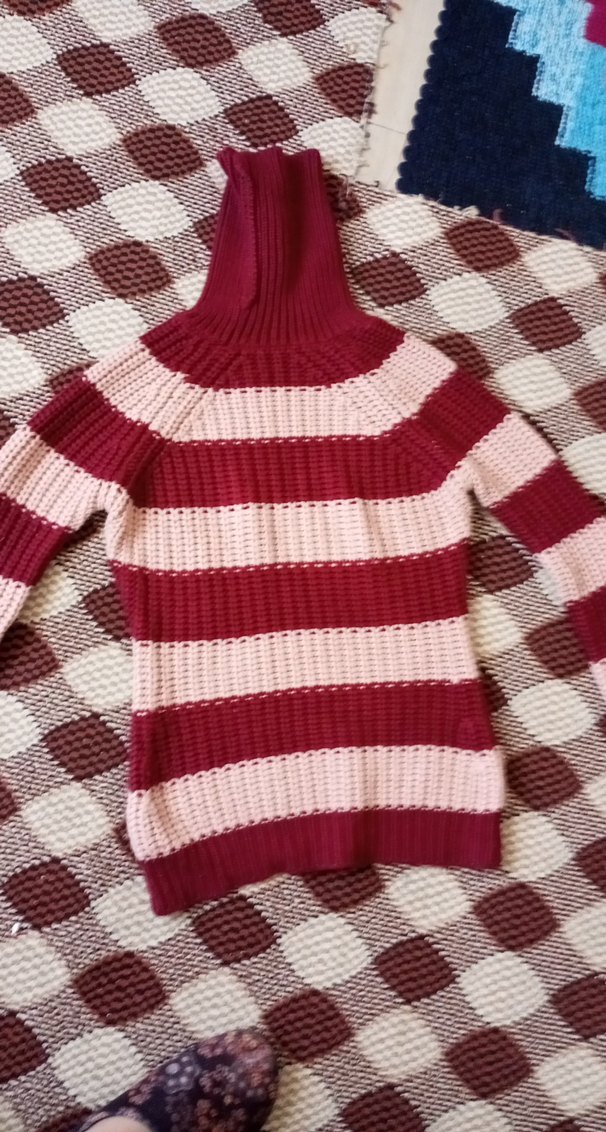 Bordo Çizgili Boğazlı Triko Kazak - Görsel 2