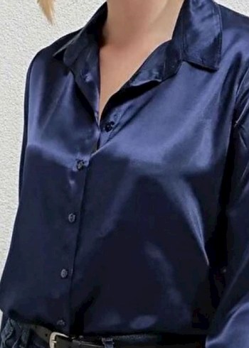 Mavi Uzun Kollu Saten Elbise - Görsel 3