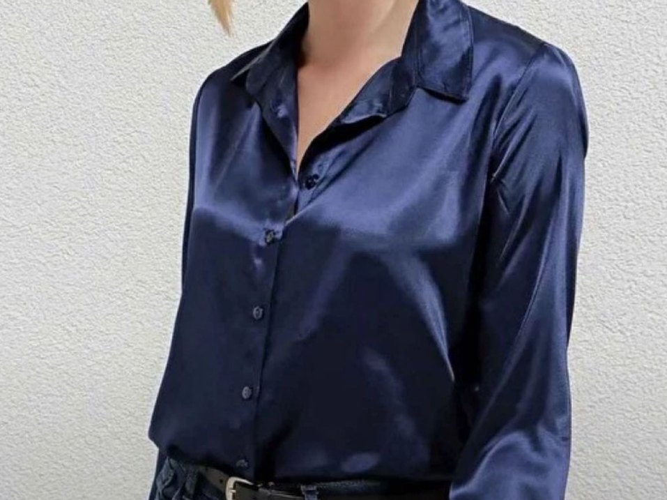 Mavi Uzun Kollu Saten Elbise - Görsel 3