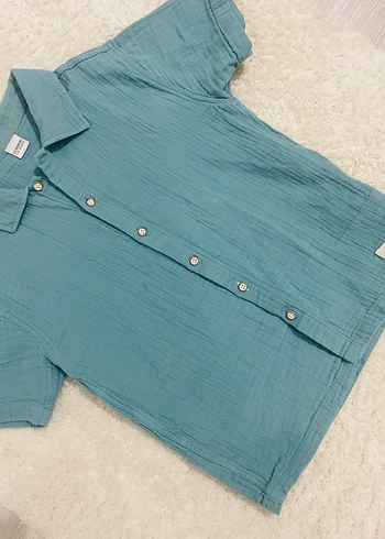 Turkuaz Erkek Çocuk Keten Kısa Kollu Gömlek - Görsel 2