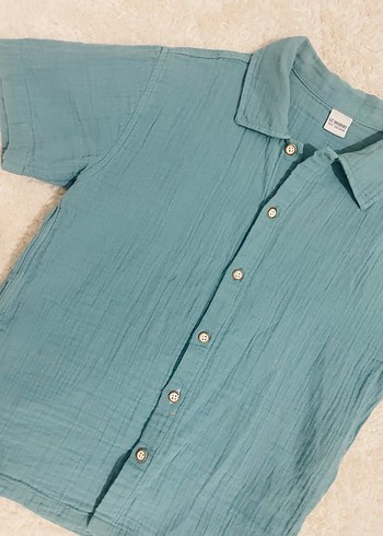 Turkuaz Erkek Çocuk Keten Kısa Kollu Gömlek - Görsel 3