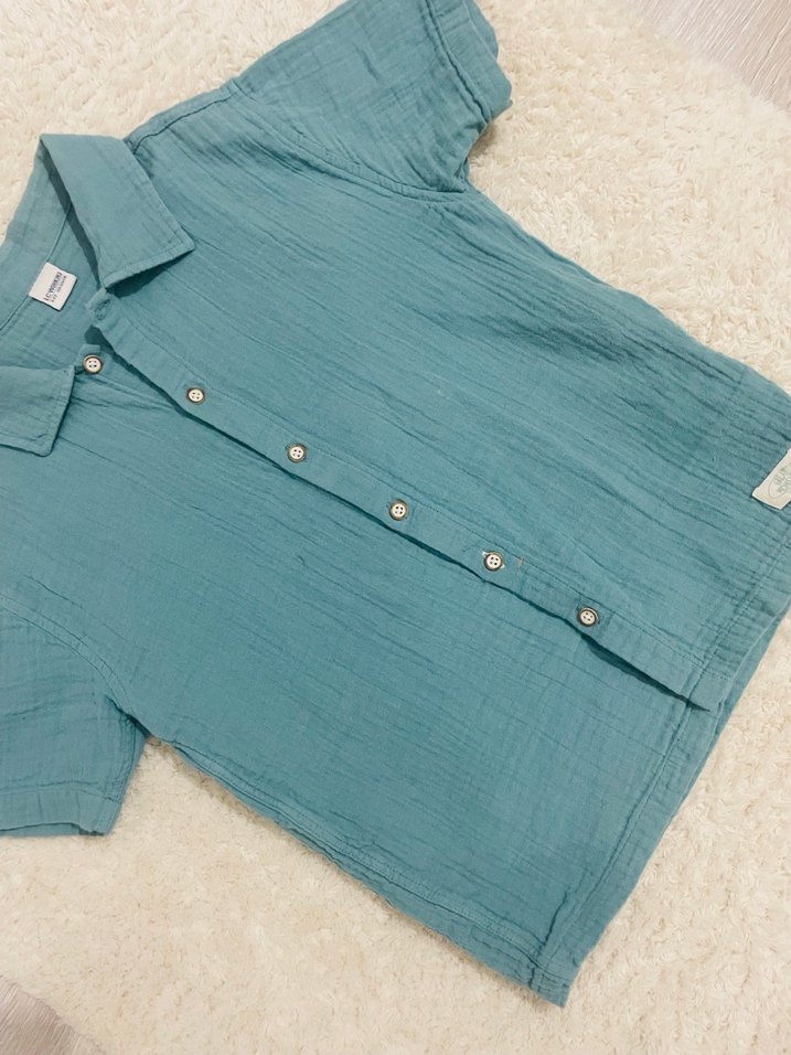 Turkuaz Erkek Çocuk Keten Kısa Kollu Gömlek - Görsel 2