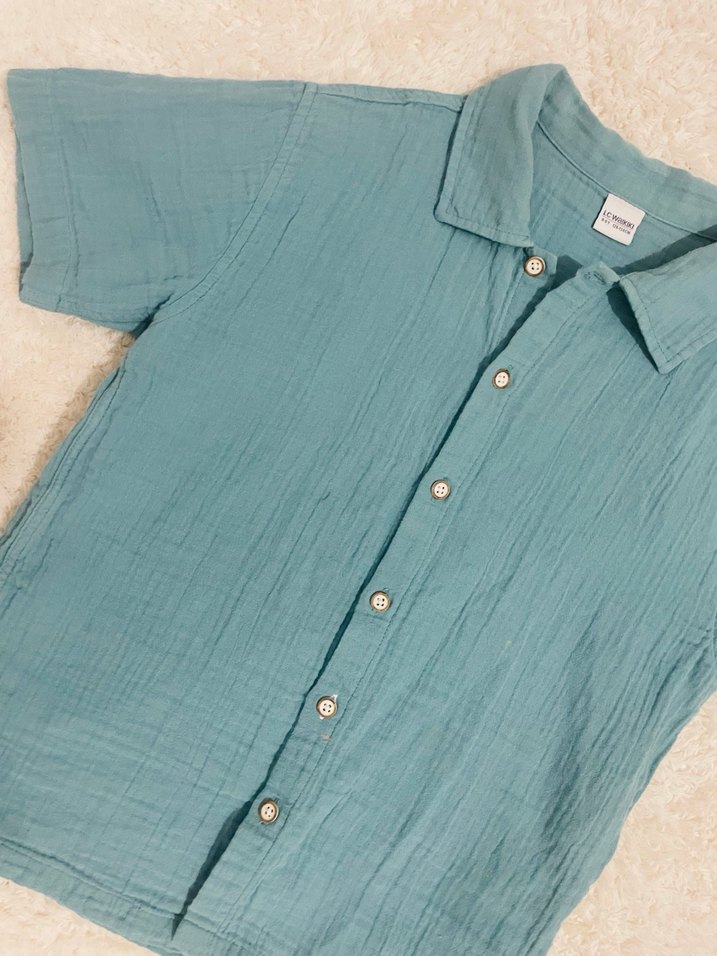 Turkuaz Erkek Çocuk Keten Kısa Kollu Gömlek - Görsel 3