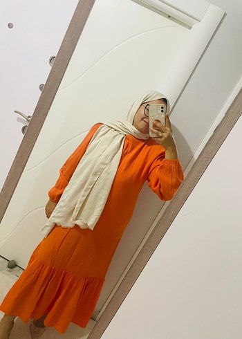 Turuncu Uzun Kollu Pliseli Keten Elbise - Görsel 2