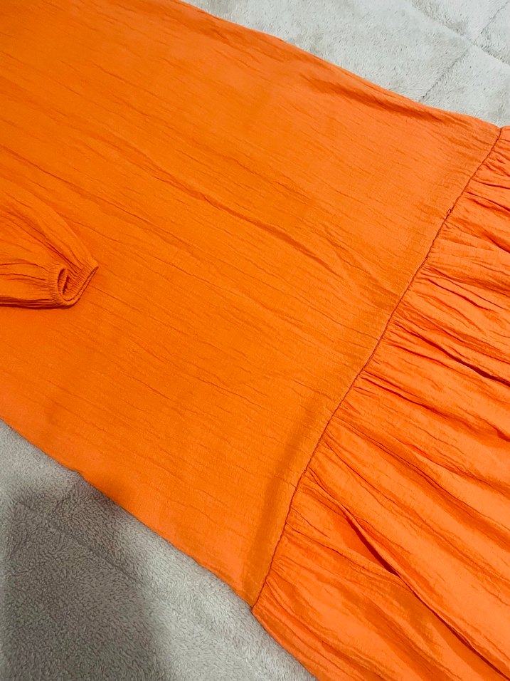 Turuncu Uzun Kollu Pliseli Keten Elbise - Görsel 3