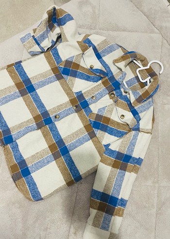 Uzun Kollu Düğmeli Bej Ekose Gömlek - Görsel 4