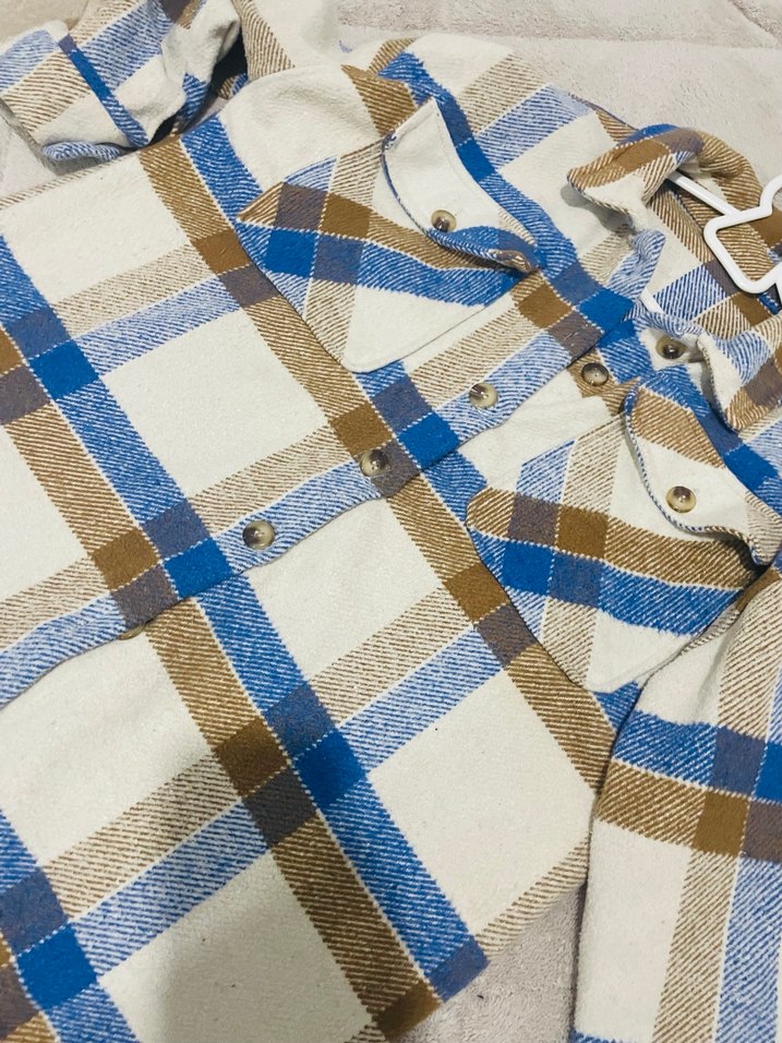 Uzun Kollu Düğmeli Bej Ekose Gömlek - Görsel 3