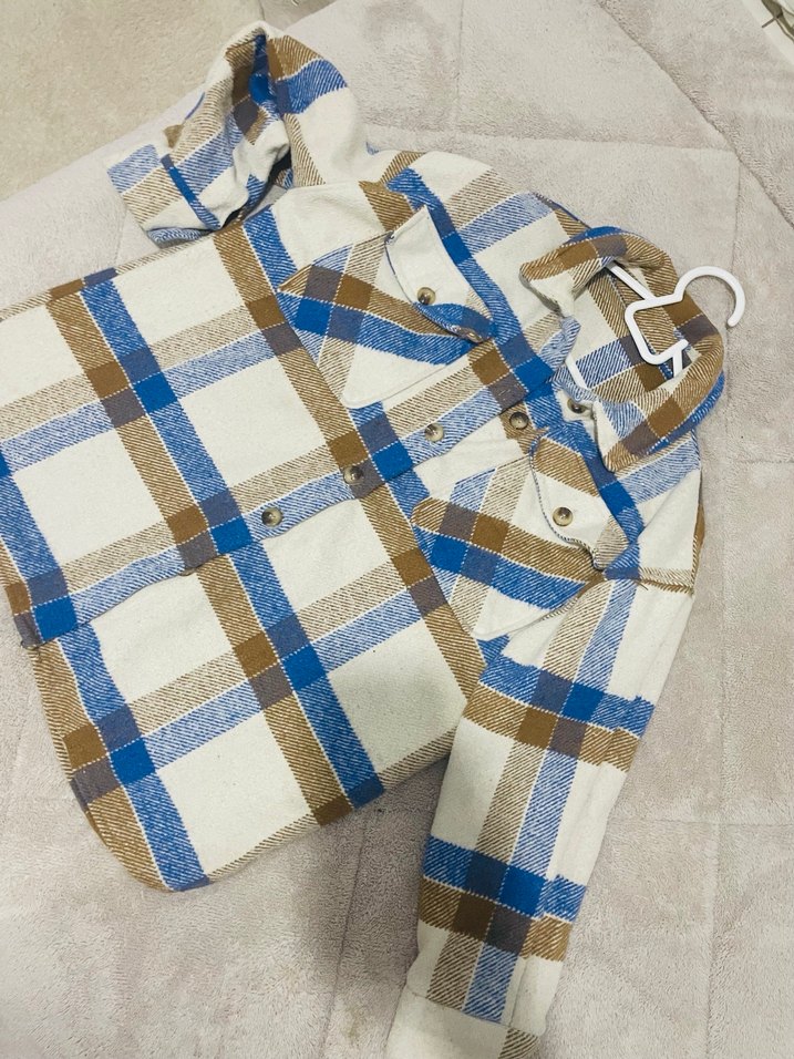 Uzun Kollu Düğmeli Bej Ekose Gömlek - Görsel 4