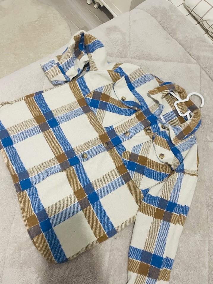 Uzun Kollu Düğmeli Bej Ekose Gömlek - Görsel 2