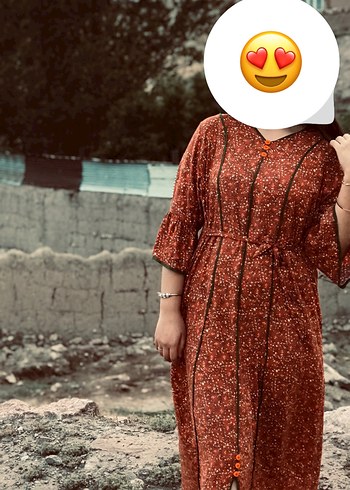 Düğmeli V Yaka Uzun turuncu Bohem Elbise