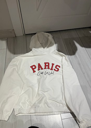 Kadın Beyaz Kapüşonlu Paris Sweatshirt