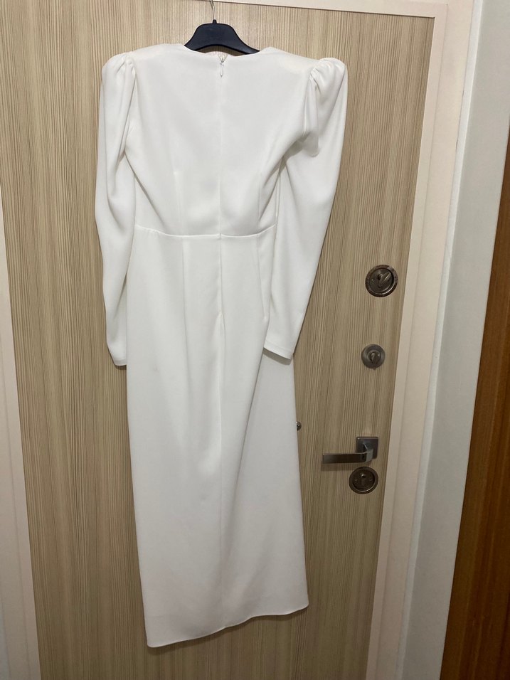 Alfa Beta V Yaka Uzun Kollu Beyaz Uzun Elbise - Görsel 4