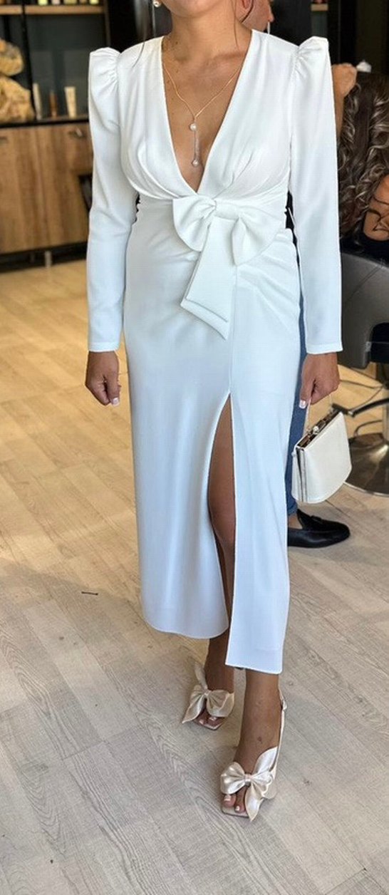 Alfa Beta V Yaka Uzun Kollu Beyaz Uzun Elbise - Görsel 2