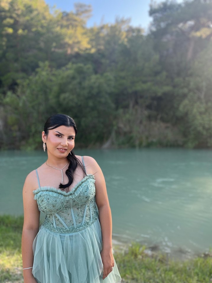 Turkuaz Straplez Uzun Drapeli Kadın Abiye - Görsel 4