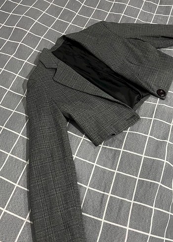 Zara Düğmeli Gri Mini Ekose Kadın Blazer
