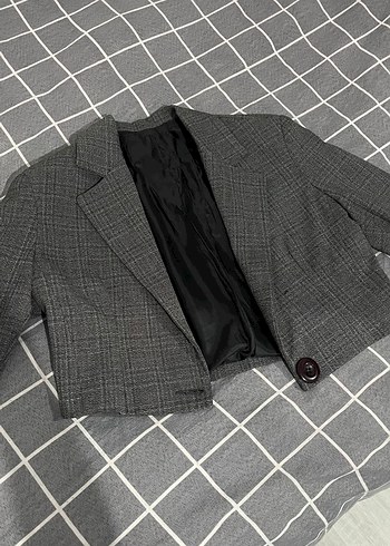 Düğmeli Gri Mini Ekose Kadın Blazer