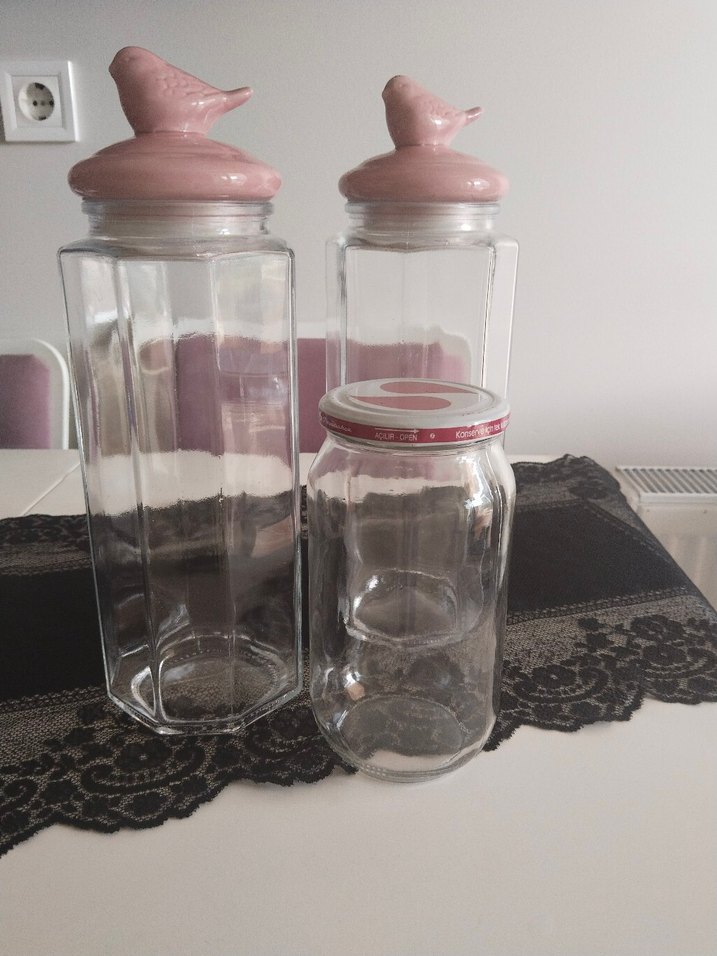 Pembe Kuş Kapaklı Cam Saklama Kavanozları 1750ml - Görsel 3