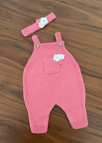 Pembe Örgü Bebek Kız Tulum ve Saç Bandı - Görsel 2