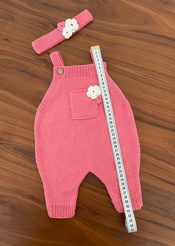 Pembe Örgü Bebek Kız Tulum ve Saç Bandı - Görsel 3