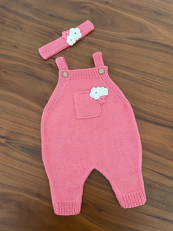 Pembe Örgü Bebek Kız Tulum ve Saç Bandı - Görsel 2