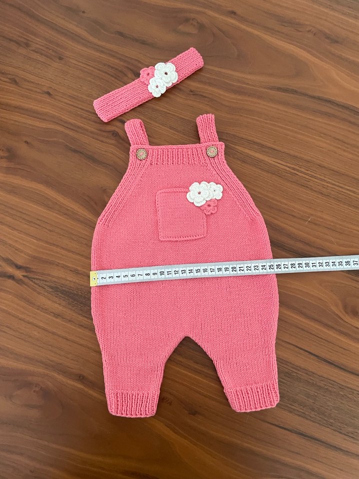 Pembe Örgü Bebek Kız Tulum ve Saç Bandı - Görsel 4