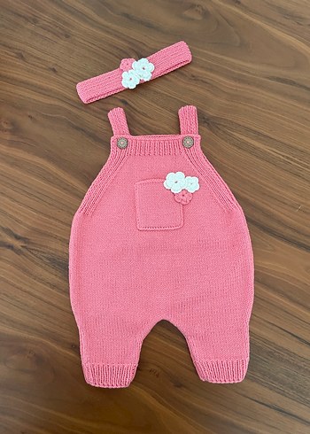 Organik ip ile örülmüş
 Pembe Örgü Bebek Kız Tulum ve Saç Bandı - Görsel 2