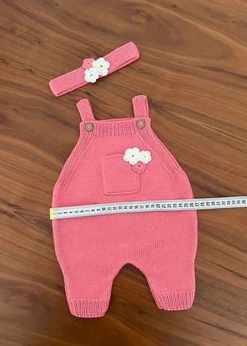 Organik ip ile örülmüş
 Pembe Örgü Bebek Kız Tulum ve Saç Bandı - Görsel 4