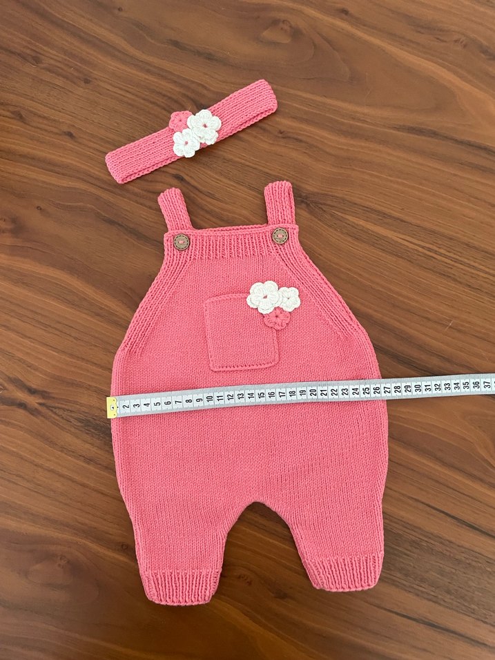 Organik ip ile örülmüş
 Pembe Örgü Bebek Kız Tulum ve Saç Bandı - Görsel 4