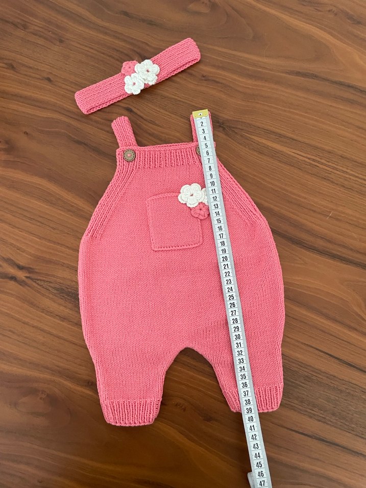 Organik ip ile örülmüş
 Pembe Örgü Bebek Kız Tulum ve Saç Bandı - Görsel 3