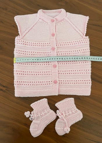 Kız Çocuk Pembe Örgü Kolsuz Hırka ve Patik - Görsel 3
