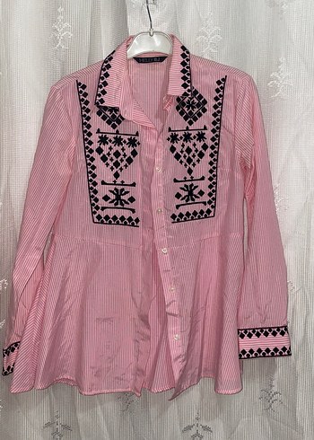 Pembe Nakışlı Uzun Kollu Bohem Gömlek