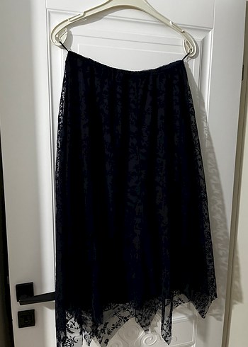 Diğer Sifon Dantel Siyah Midi Etek