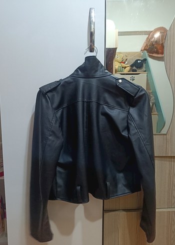 Düğmeli Siyah Deri Biker Ceket