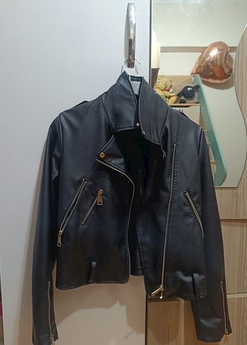 Zara Düğmeli Siyah Deri Biker Ceket