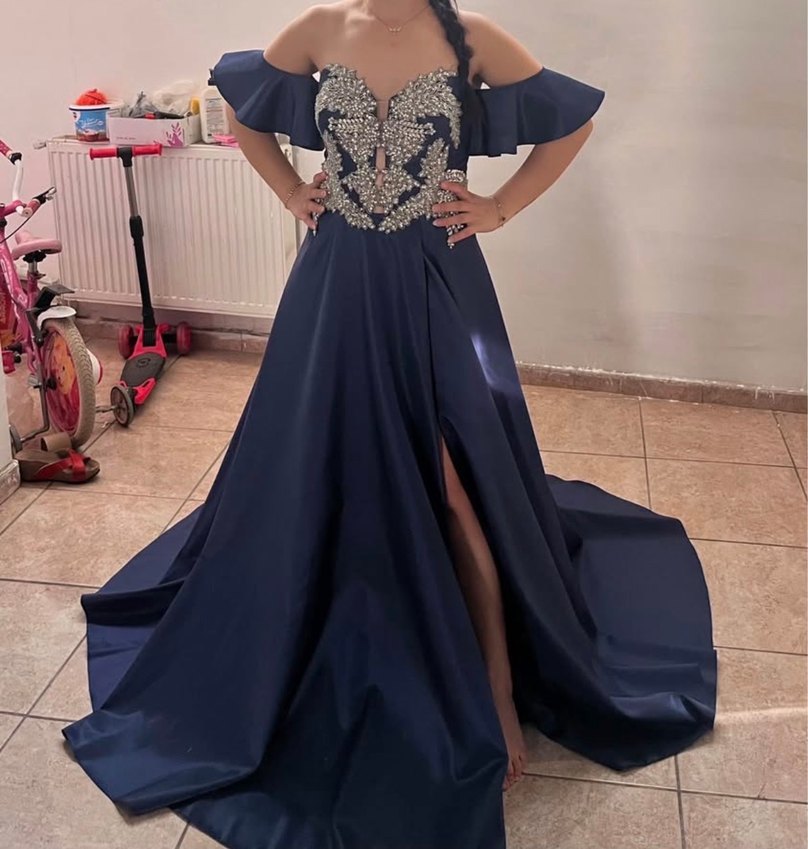 Drapeli Lacivert Straplez Uzun Abiye Elbise - Görsel 2