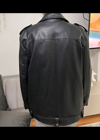 Siyah Deri Biker Ceket, Kemerli, Salaş Kesim - Görsel 2
