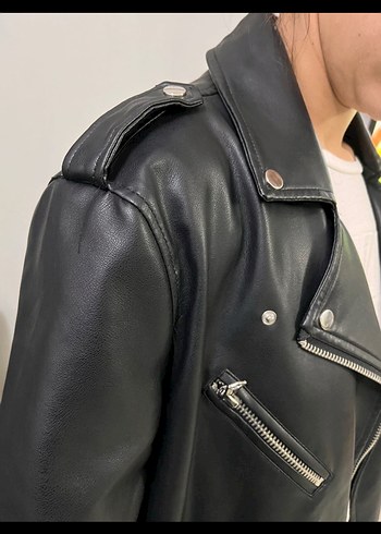 Siyah Deri Biker Ceket, Kemerli, Salaş Kesim - Görsel 3