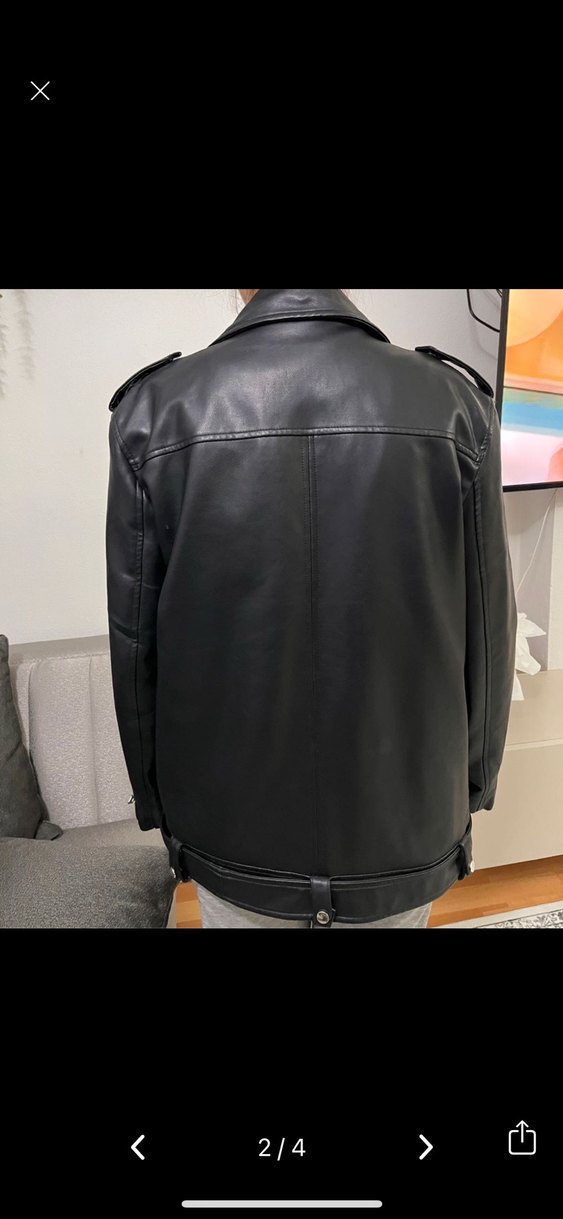 Siyah Deri Biker Ceket, Kemerli, Salaş Kesim - Görsel 2