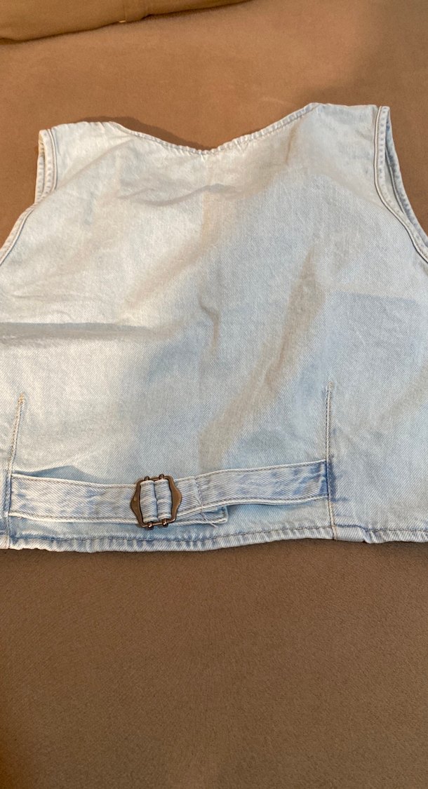 Bej Düğmeli Kadın Kot Yelek - Görsel 2