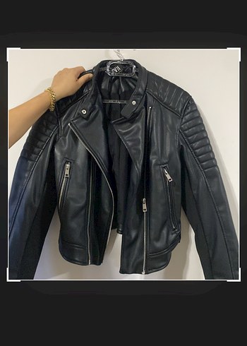 Siyah Deri Biker Ceket Kadın