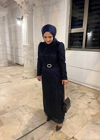 46 Beden Drapeli Lacivert Uzun Abiye Elbise