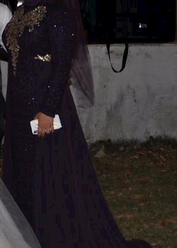 Mor Uzun Kollu Drapeli Gotik Abiye Elbise