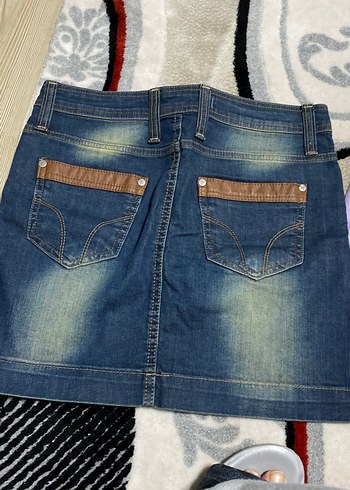 Kahverengi Kuşaklı Mini Denim Etek - Görsel 3