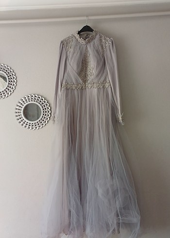 Nakışlı Uzun Kollu Gri Vintage Abiye Elbise