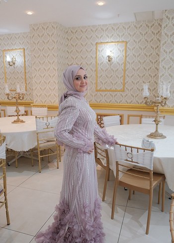 38 Beden Pudra Renk Uzun Kollu Drapeli Abiye Elbise