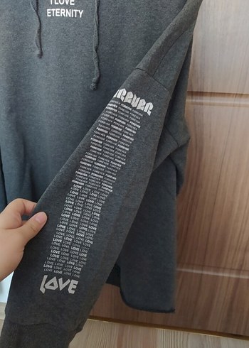 Gri Kadın Kapüşonlu Sweatshirt oversize - Görsel 2