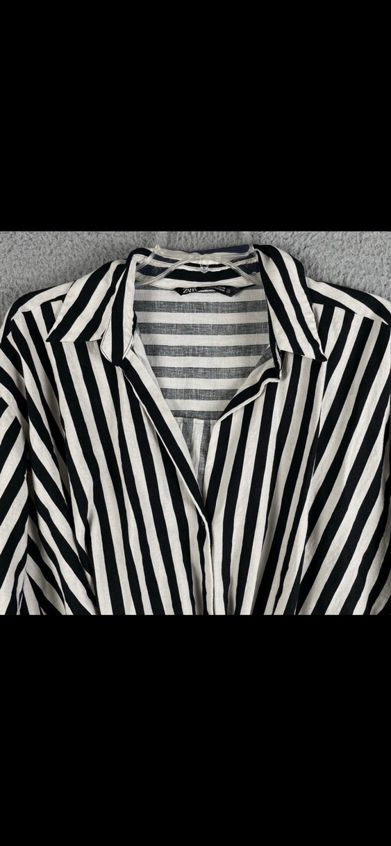 Zara Çizgili Keten Gömlek  Siyah Beyaz, Şık ve Rahat - Görsel 3