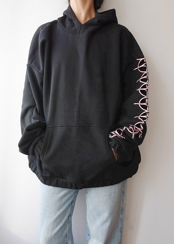 universal Beden Kadın Siyah Kapüşonlu cepli Sweatshirt